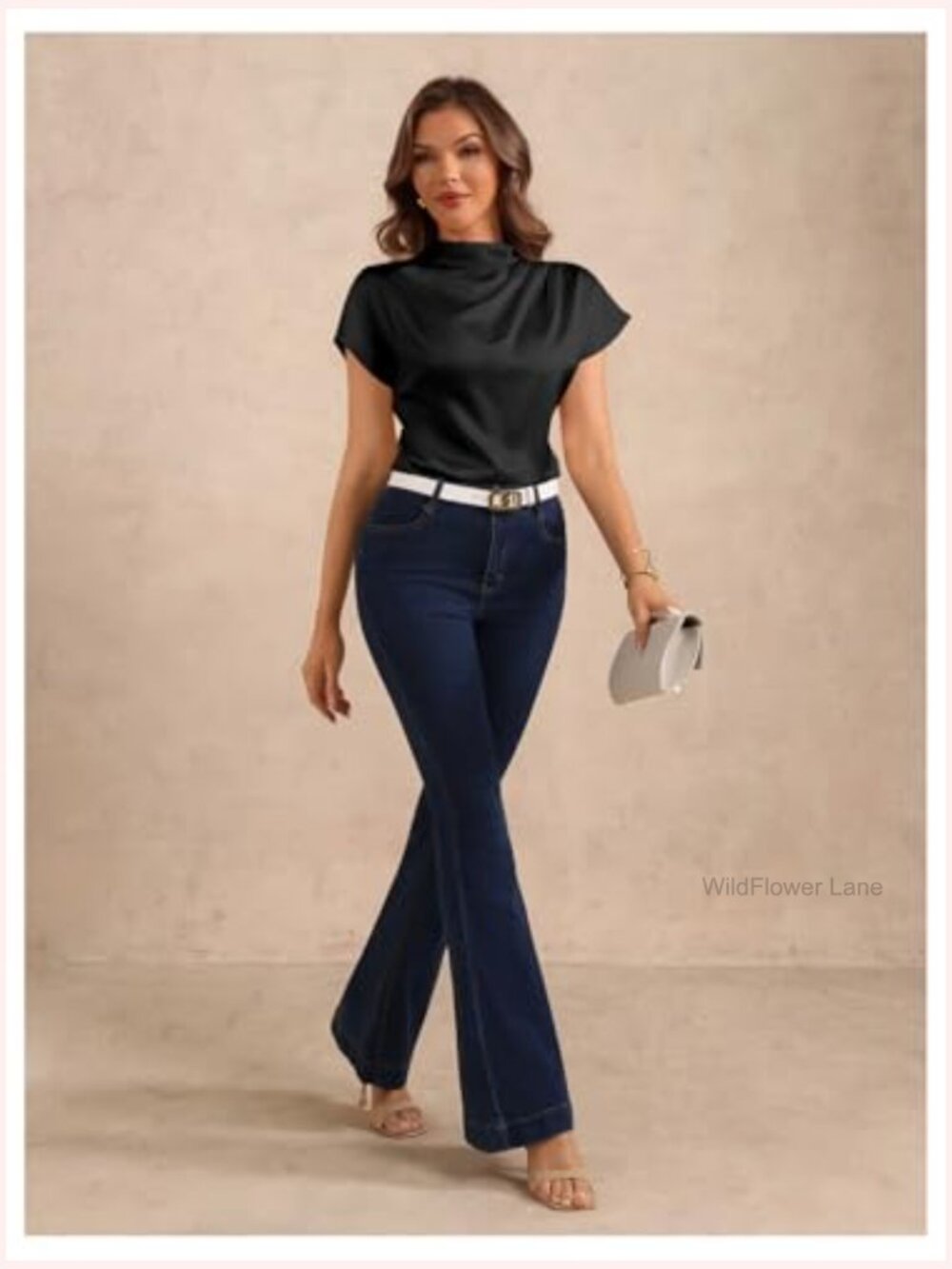 Mock Neck Satin Blouse Dolman Short Sleeve Ruched Elegant Top - Picture 5 of 6